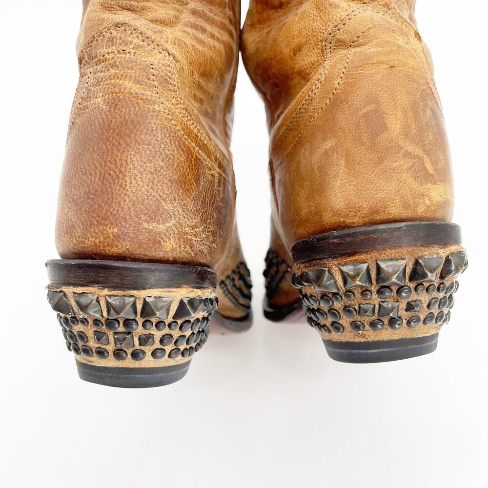 Lucchese Tan Studded Leather Heeled Cowboy Boots - Picture 8 of 11
